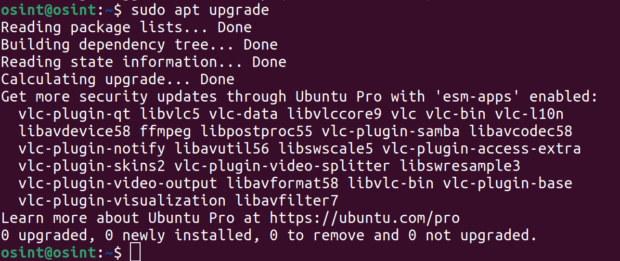 The typical upgrade process with a warning "Get more security updates through Ubuntu Pro"